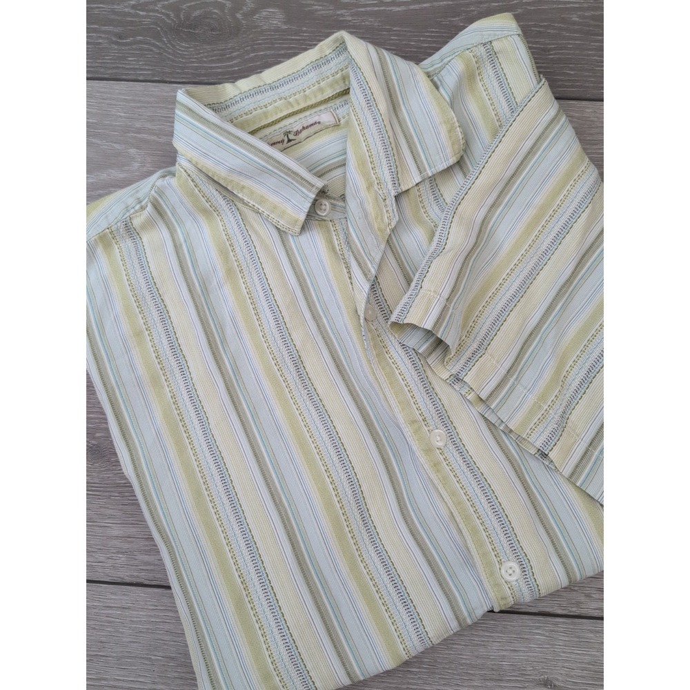Tommy Bahama Shirt Mens Size Large‎ Silk Green Textured Striped Short Sleeve